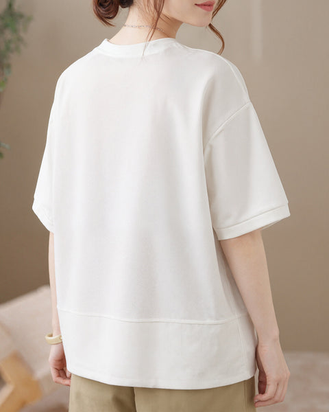 ellazhu Women's Asymmetrical Hem Tee Short Sleeve Zip Detail Cotton Blend Loose Top Round Neck Casual Plus Size GA2785