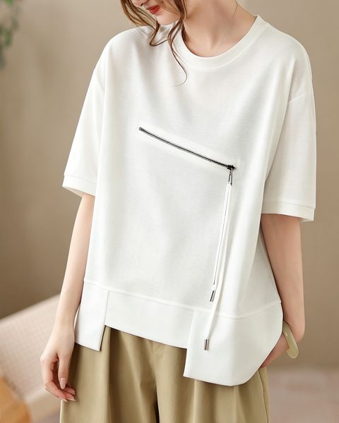 ellazhu Women's Asymmetrical Hem Tee Short Sleeve Zip Detail Cotton Blend Loose Top Round Neck Casual Plus Size GA2785