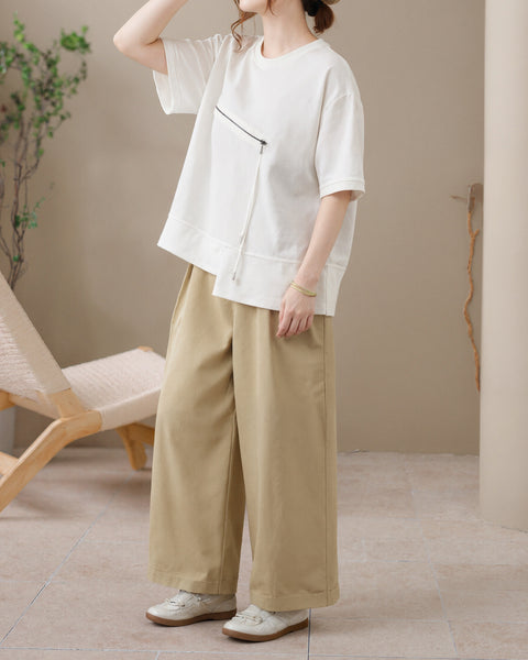 ellazhu Women's Asymmetrical Hem Tee Short Sleeve Zip Detail Cotton Blend Loose Top Round Neck Casual Plus Size GA2785