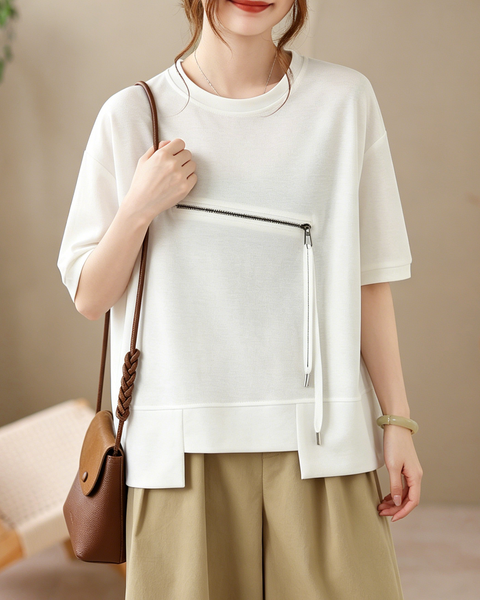 ellazhu Women's Asymmetrical Hem Tee Short Sleeve Zip Detail Cotton Blend Loose Top Round Neck Casual Plus Size GA2785