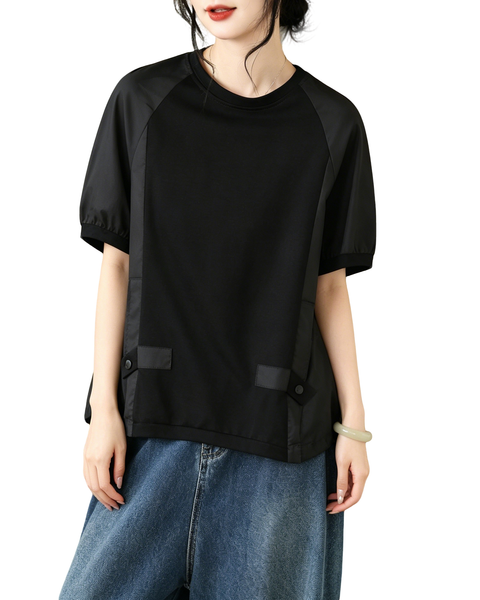 ellazhu Women's Round Neck Drawstring Hem T Shirt Short Sleeve Oversized Cotton Blend Patchwork Loose Casual Top GA2786