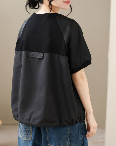 ellazhu Women's Round Neck Drawstring Hem T Shirt Short Sleeve Oversized Cotton Blend Patchwork Loose Casual Top GA2786