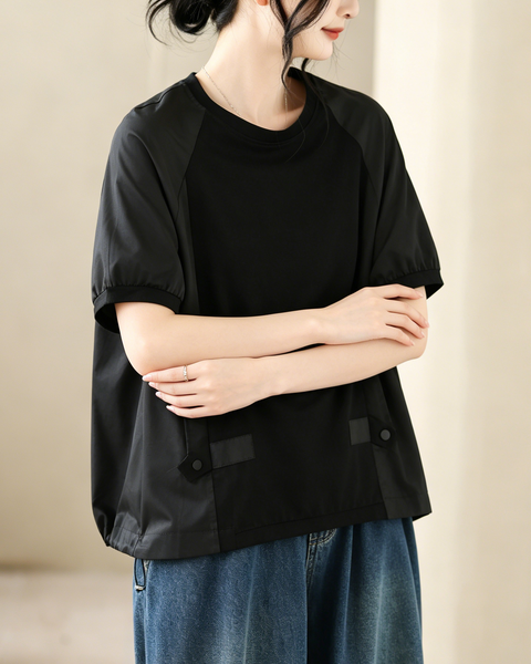 ellazhu Women's Round Neck Drawstring Hem T Shirt Short Sleeve Oversized Cotton Blend Patchwork Loose Casual Top GA2786