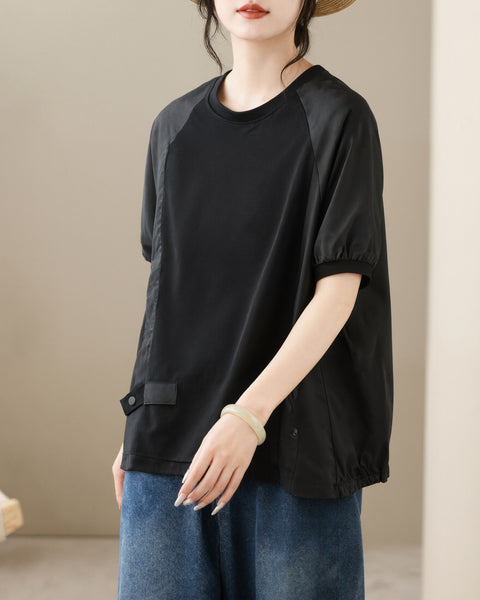 ellazhu Women's Round Neck Drawstring Hem T Shirt Short Sleeve Oversized Cotton Blend Patchwork Loose Casual Top GA2786