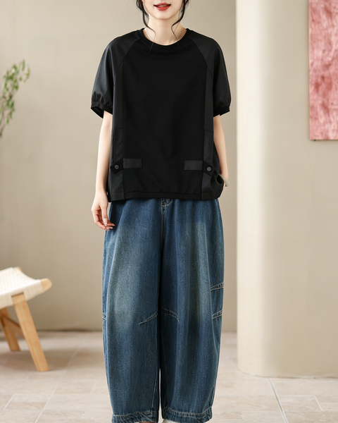 ellazhu Women's Round Neck Drawstring Hem T Shirt Short Sleeve Oversized Cotton Blend Patchwork Loose Casual Top GA2786