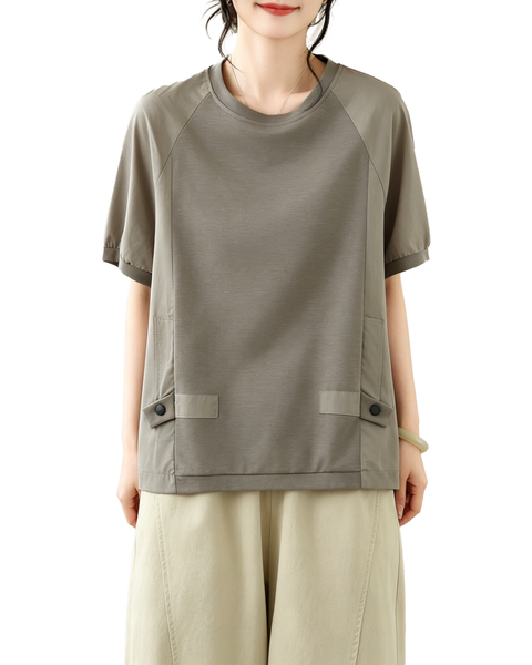 ellazhu Women's Round Neck Drawstring Hem T Shirt Short Sleeve Oversized Cotton Blend Patchwork Loose Casual Top GA2786