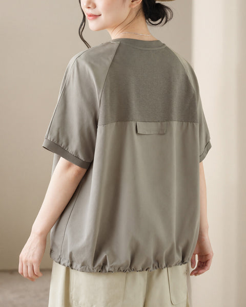 ellazhu Women's Round Neck Drawstring Hem T Shirt Short Sleeve Oversized Cotton Blend Patchwork Loose Casual Top GA2786