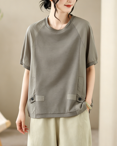 ellazhu Women's Round Neck Drawstring Hem T Shirt Short Sleeve Oversized Cotton Blend Patchwork Loose Casual Top GA2786