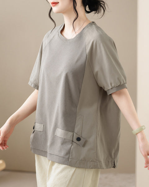 ellazhu Women's Round Neck Drawstring Hem T Shirt Short Sleeve Oversized Cotton Blend Patchwork Loose Casual Top GA2786