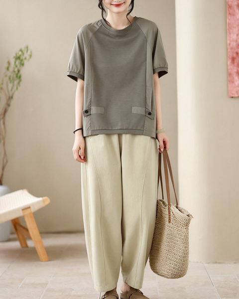 ellazhu Women's Round Neck Drawstring Hem T Shirt Short Sleeve Oversized Cotton Blend Patchwork Loose Casual Top GA2786
