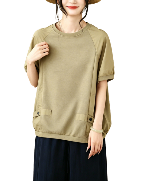 ellazhu Women's Round Neck Drawstring Hem T Shirt Short Sleeve Oversized Cotton Blend Patchwork Loose Casual Top GA2786