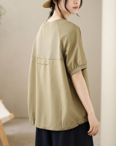 ellazhu Women's Round Neck Drawstring Hem T Shirt Short Sleeve Oversized Cotton Blend Patchwork Loose Casual Top GA2786