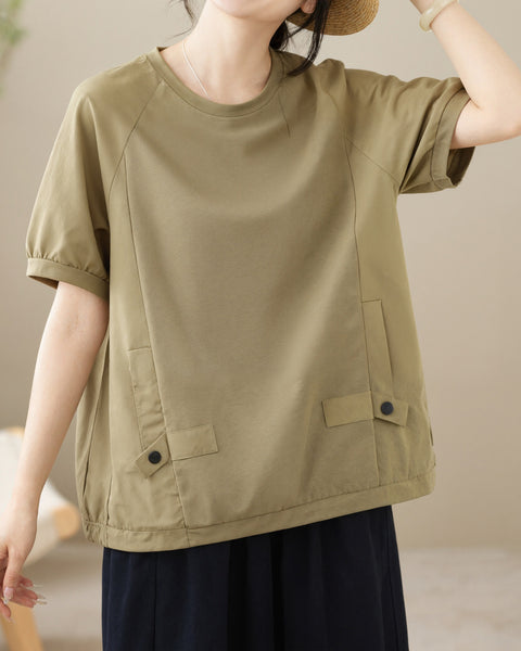 ellazhu Women's Round Neck Drawstring Hem T Shirt Short Sleeve Oversized Cotton Blend Patchwork Loose Casual Top GA2786
