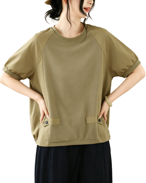 ellazhu Women's Round Neck Drawstring Hem T Shirt Short Sleeve Oversized Cotton Blend Patchwork Loose Casual Top GA2786