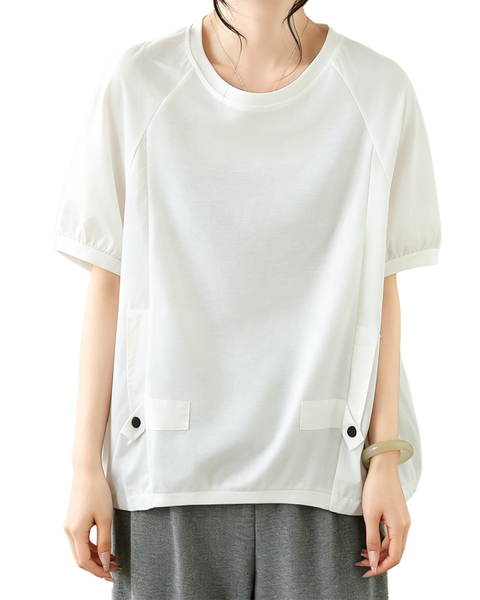 ellazhu Women's Round Neck Drawstring Hem T Shirt Short Sleeve Oversized Cotton Blend Patchwork Loose Casual Top GA2786