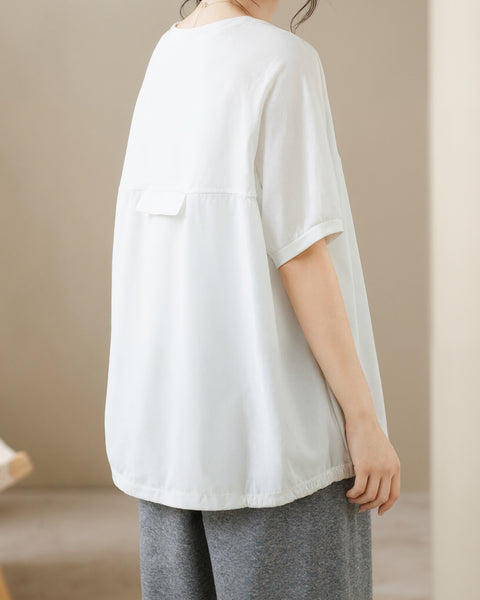 ellazhu Women's Round Neck Drawstring Hem T Shirt Short Sleeve Oversized Cotton Blend Patchwork Loose Casual Top GA2786