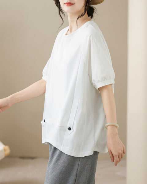 ellazhu Women's Round Neck Drawstring Hem T Shirt Short Sleeve Oversized Cotton Blend Patchwork Loose Casual Top GA2786