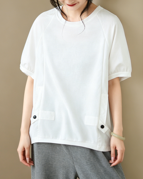 ellazhu Women's Round Neck Drawstring Hem T Shirt Short Sleeve Oversized Cotton Blend Patchwork Loose Casual Top GA2786