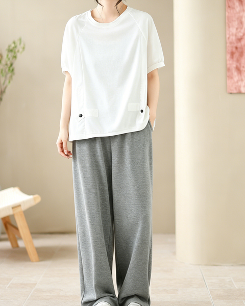 ellazhu Women's Round Neck Drawstring Hem T Shirt Short Sleeve Oversized Cotton Blend Patchwork Loose Casual Top GA2786