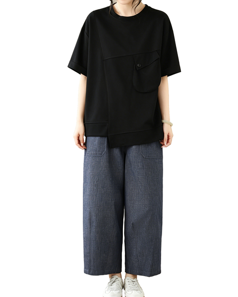 ellazhu Women's Round Neck T Shirt Asymmetrical Hem Short Sleeve Patch Pocket Cotton Blend Loose Plus Size Top GA2787