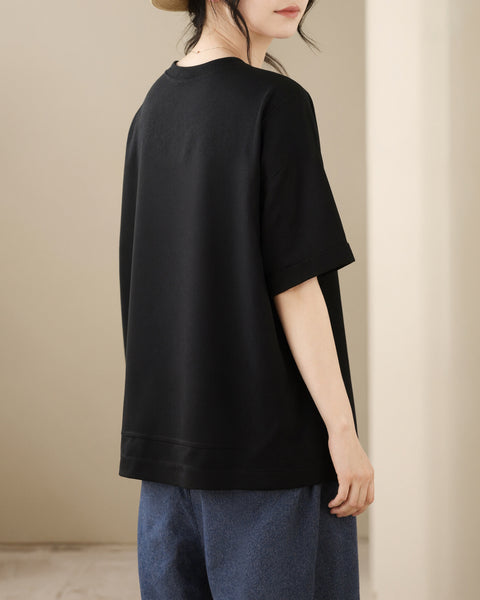 ellazhu Women's Round Neck T Shirt Asymmetrical Hem Short Sleeve Patch Pocket Cotton Blend Loose Plus Size Top GA2787