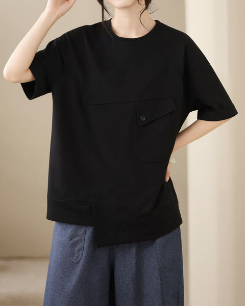 ellazhu Women's Round Neck T Shirt Asymmetrical Hem Short Sleeve Patch Pocket Cotton Blend Loose Plus Size Top GA2787