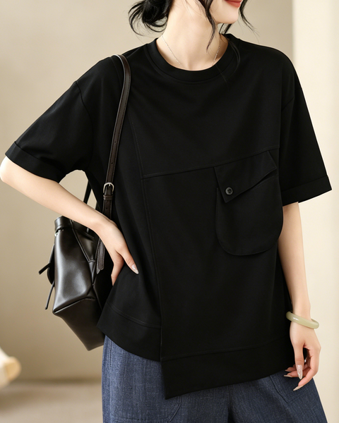 ellazhu Women's Round Neck T Shirt Asymmetrical Hem Short Sleeve Patch Pocket Cotton Blend Loose Plus Size Top GA2787