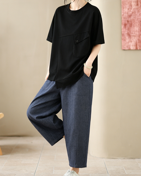ellazhu Women's Round Neck T Shirt Asymmetrical Hem Short Sleeve Patch Pocket Cotton Blend Loose Plus Size Top GA2787