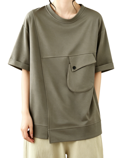 ellazhu Women's Round Neck T Shirt Asymmetrical Hem Short Sleeve Patch Pocket Cotton Blend Loose Plus Size Top GA2787