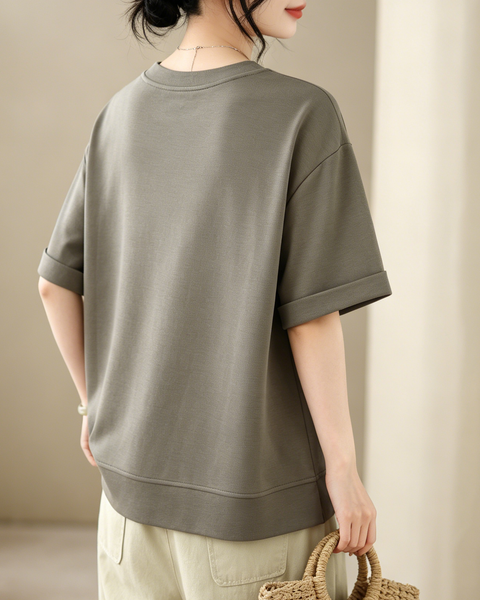 ellazhu Women's Round Neck T Shirt Asymmetrical Hem Short Sleeve Patch Pocket Cotton Blend Loose Plus Size Top GA2787