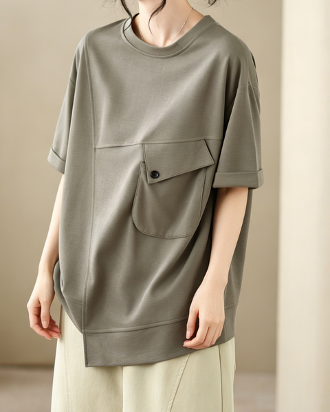 ellazhu Women's Round Neck T Shirt Asymmetrical Hem Short Sleeve Patch Pocket Cotton Blend Loose Plus Size Top GA2787