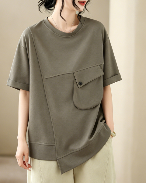 ellazhu Women's Round Neck T Shirt Asymmetrical Hem Short Sleeve Patch Pocket Cotton Blend Loose Plus Size Top GA2787