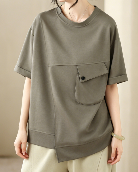 ellazhu Women's Round Neck T Shirt Asymmetrical Hem Short Sleeve Patch Pocket Cotton Blend Loose Plus Size Top GA2787