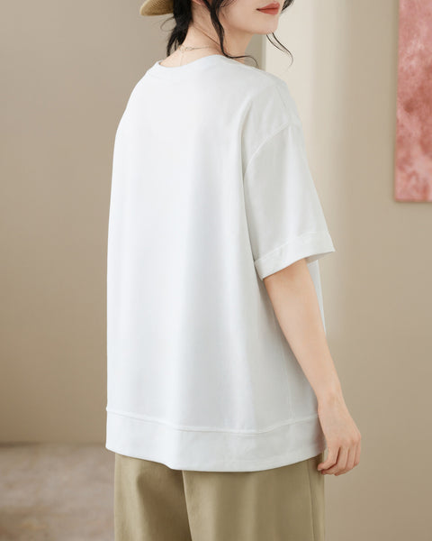 ellazhu Women's Round Neck T Shirt Asymmetrical Hem Short Sleeve Patch Pocket Cotton Blend Loose Plus Size Top GA2787