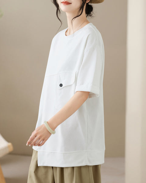 ellazhu Women's Round Neck T Shirt Asymmetrical Hem Short Sleeve Patch Pocket Cotton Blend Loose Plus Size Top GA2787