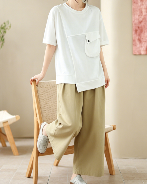 ellazhu Women's Round Neck T Shirt Asymmetrical Hem Short Sleeve Patch Pocket Cotton Blend Loose Plus Size Top GA2787