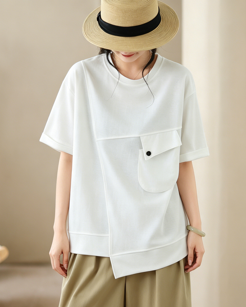 ellazhu Women's Round Neck T Shirt Asymmetrical Hem Short Sleeve Patch Pocket Cotton Blend Loose Plus Size Top GA2787
