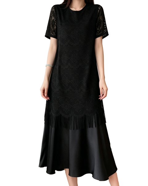ellazhu Women's Lace Midi Dress Round Neck Short Sleeve Fringe Hem Elegant Cocktail Party Loose Plus Size GA2788