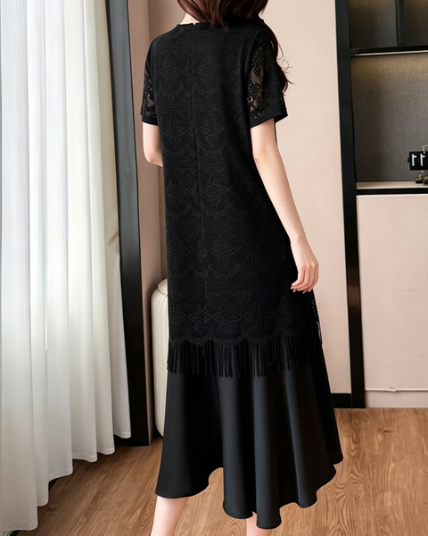 ellazhu Women's Lace Midi Dress Round Neck Short Sleeve Fringe Hem Elegant Cocktail Party Loose Plus Size GA2788