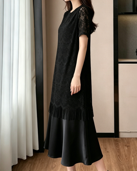 ellazhu Women's Lace Midi Dress Round Neck Short Sleeve Fringe Hem Elegant Cocktail Party Loose Plus Size GA2788