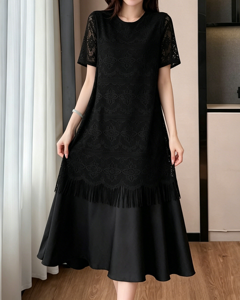 ellazhu Women's Lace Midi Dress Round Neck Short Sleeve Fringe Hem Elegant Cocktail Party Loose Plus Size GA2788