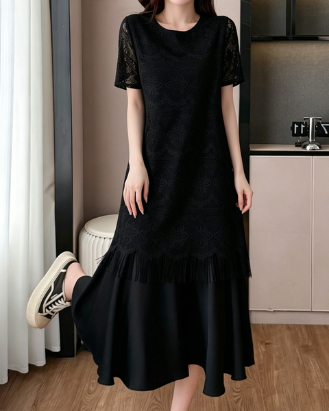 ellazhu Women's Lace Midi Dress Round Neck Short Sleeve Fringe Hem Elegant Cocktail Party Loose Plus Size GA2788