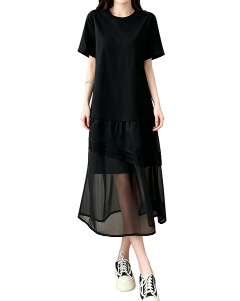 ellazhu Women's Lace Patchwork Maxi Dress Short Sleeve Sheer Layered Hem French Elegant Loose Plus Size A Line GA2789