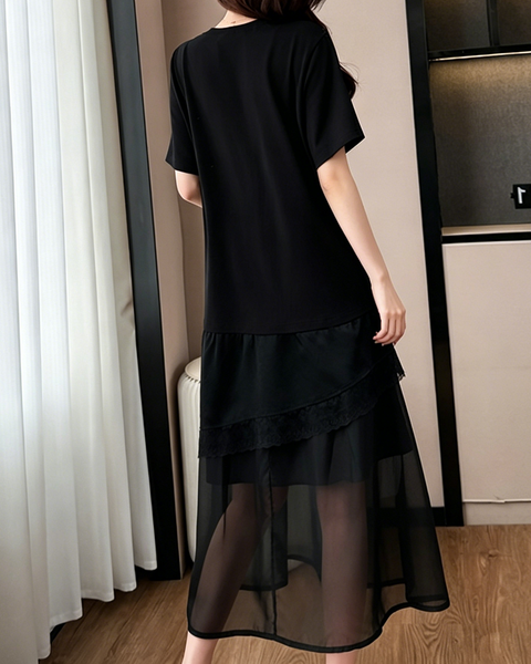 ellazhu Women's Lace Patchwork Maxi Dress Short Sleeve Sheer Layered Hem French Elegant Loose Plus Size A Line GA2789