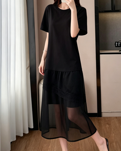 ellazhu Women's Lace Patchwork Maxi Dress Short Sleeve Sheer Layered Hem French Elegant Loose Plus Size A Line GA2789