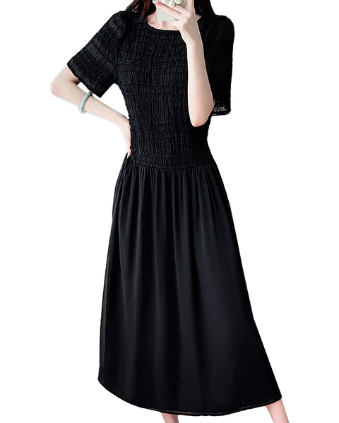 ellazhu Women's Smocked Jacquard Chiffon Maxi Dress Short Sleeve Patchwork A Line French Elegant Plus Size GA2790
