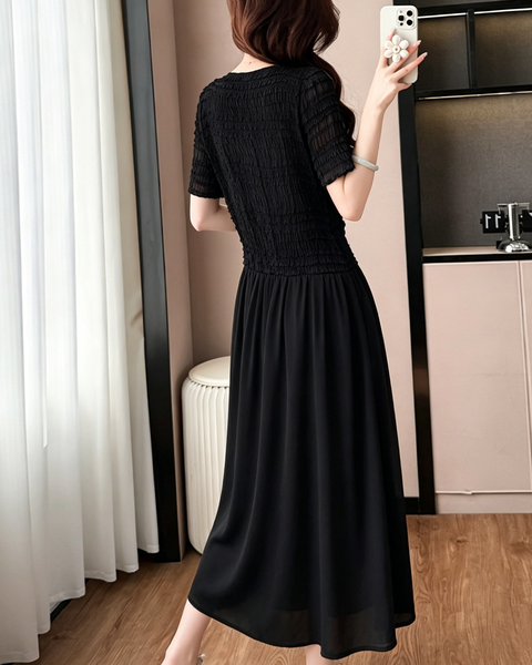 ellazhu Women's Smocked Jacquard Chiffon Maxi Dress Short Sleeve Patchwork A Line French Elegant Plus Size GA2790