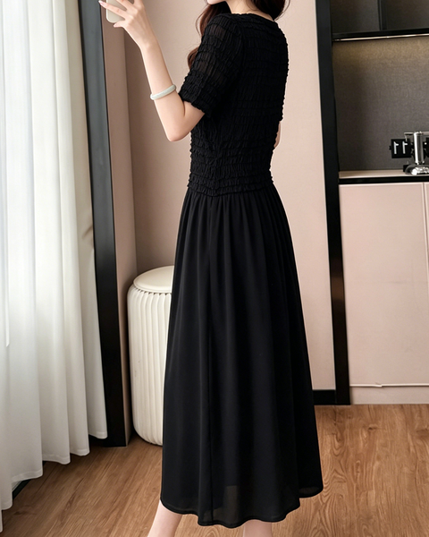 ellazhu Women's Smocked Jacquard Chiffon Maxi Dress Short Sleeve Patchwork A Line French Elegant Plus Size GA2790