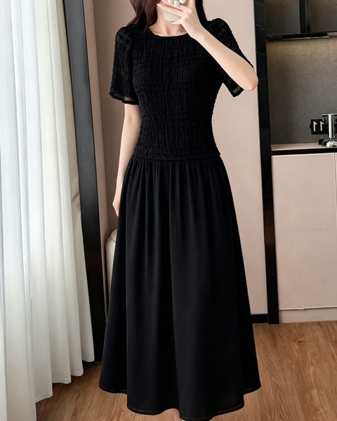 ellazhu Women's Smocked Jacquard Chiffon Maxi Dress Short Sleeve Patchwork A Line French Elegant Plus Size GA2790