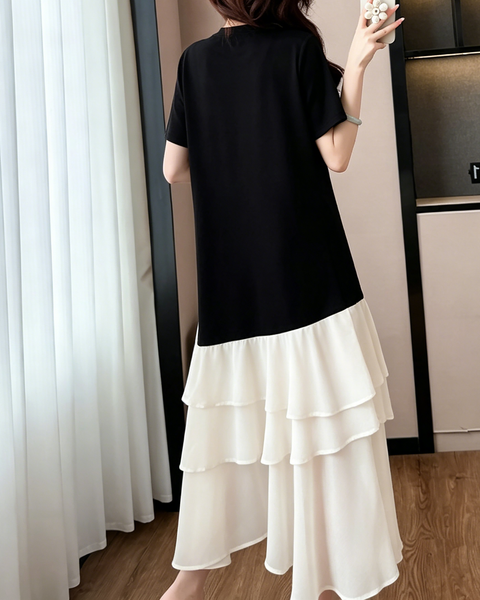 ellazhu Women's Color Block Chiffon Patchwork Maxi Dress Short Sleeve Tiered Ruffle Hem Loose French Plus Size GA2791